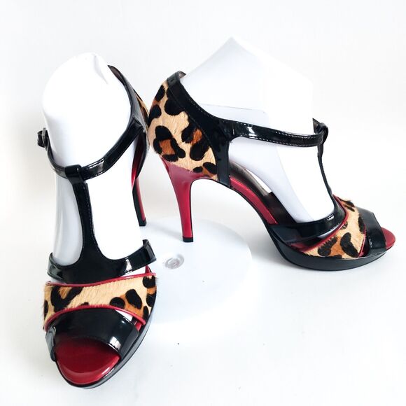 Moda Spana Leopard Strappy 4" Heels Open Toe Women's Size 7.5 T-Strap Mary Janes - Picture 5 of 10